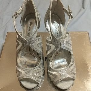 Silver Rhinestone & Mesh open toe heels